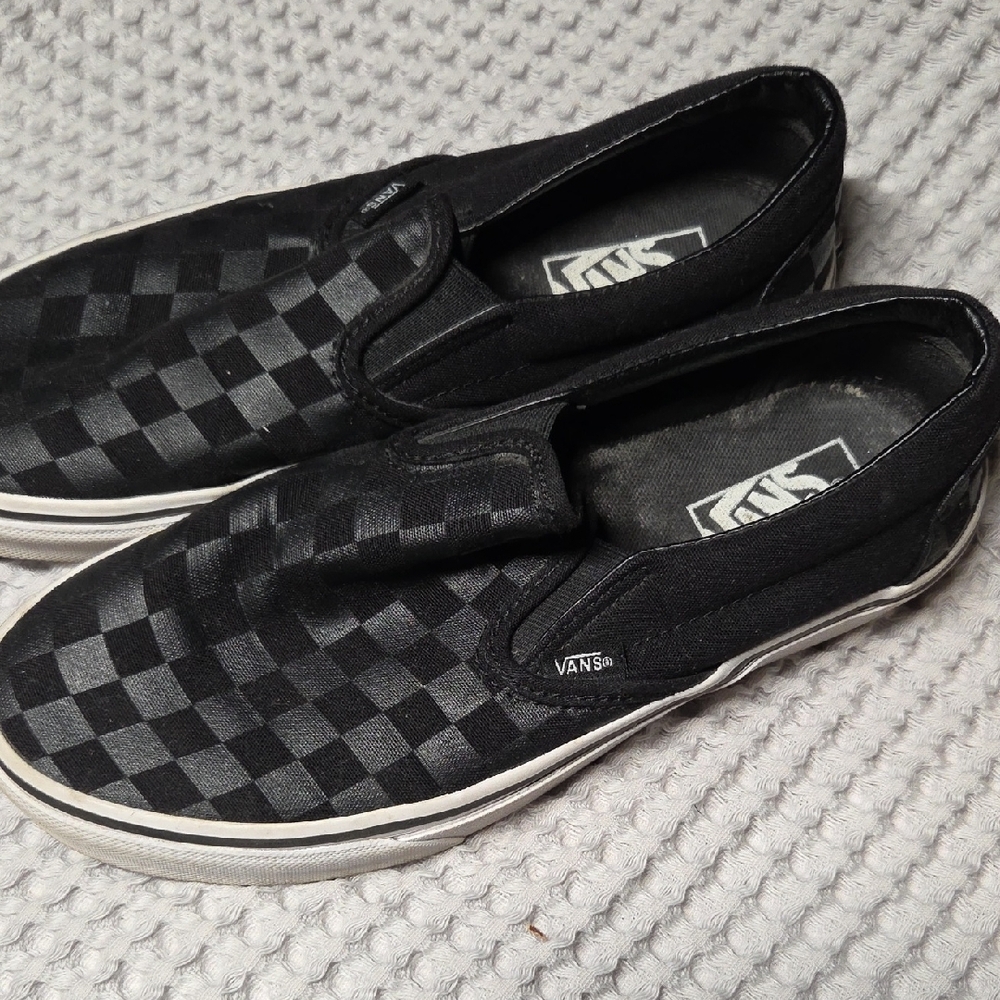 Vans Men's Black and Gray Checkered Slip-Ons